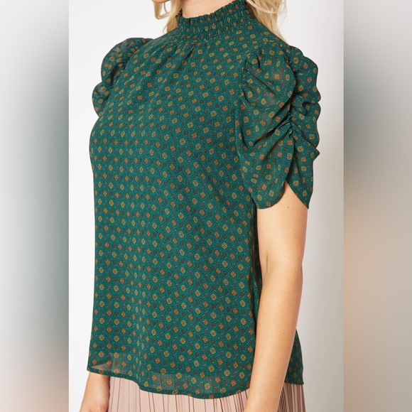 Pleione Tops - Pleione Ruched Short Sleeve Smocked Mock Neck Top - Small